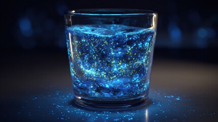 Poster - A glowing blue drink in a glass, shimmering with stars, creating a magical atmosphere.