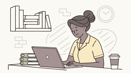Poster - Woman working on laptop with books and coffee isolated on white background