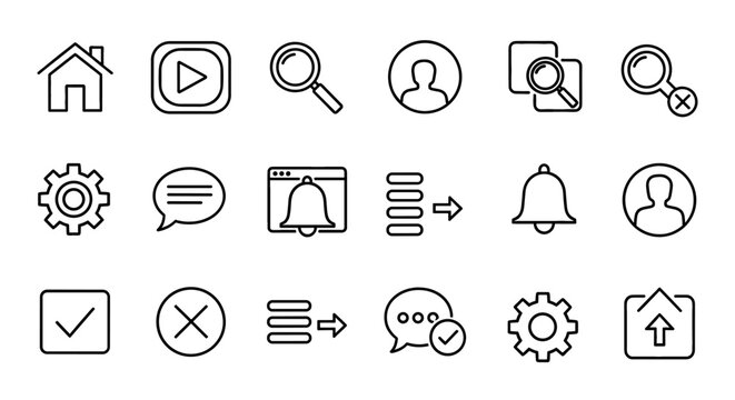 Set of line icons on transparent background. Outline symbols for UI design, settings, web development, and interface elements.