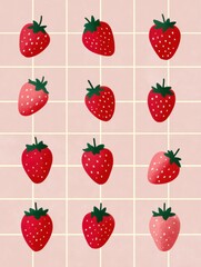 Poster - Cartoon Strawberries Arranged on a Pastel Grid With a Cute Minimal Design Creating a Cheerful Atmosphere in a Playful Layout