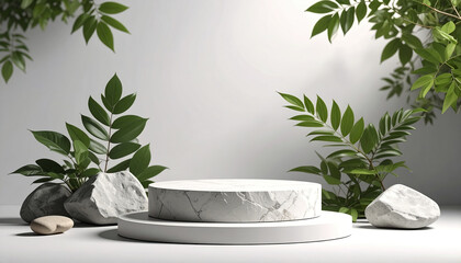 Poster - Marble stone podium with green leaves creating natural and elegant background scene