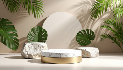 Poster - Natural stone podium with marble and gold base surrounded by tropical leaves and soft shadows