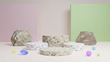 Poster - Terrazzo stone podium with pastel geometric shapes and colorful gems in soft light