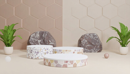 Poster - Terrazzo mosaic podium with stone and green plant in beige hexagon wall background
