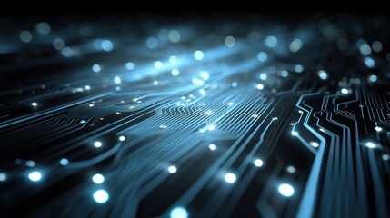Poster - Abstract close-up of a circuit board with glowing lights, showcasing intricate connections and modern design.