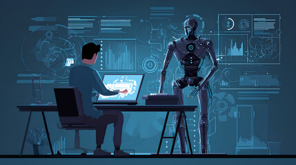 Poster - AI Artificial Intelligence technology for data analysis, research, planning, and work generate. Man uses a laptop and AI assistant dashboard. Technology smart robot AI agents and agentic workflows.