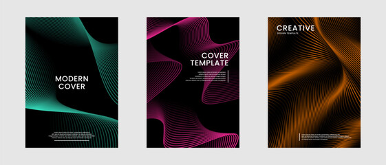 Poster - Minimal abstract covers set. Colorful waves background bundle with lines styles decoration on dark space. Modern graphic design element stripes concept for web banner, art, flyer, card, or brochure