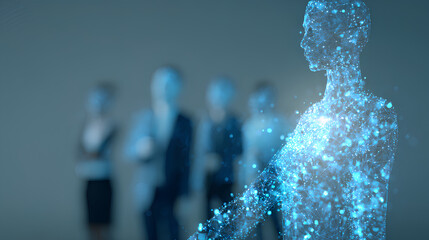 Fototapete - An AI agent hologram symbolizing agentic autonomy for collaboration with the human workforce using autonomous agents to work in business partnership using teamwork Stock Illustration