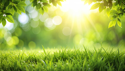Poster - Green grass with sun rays and leaves in natural bright bokeh background creating fresh mood