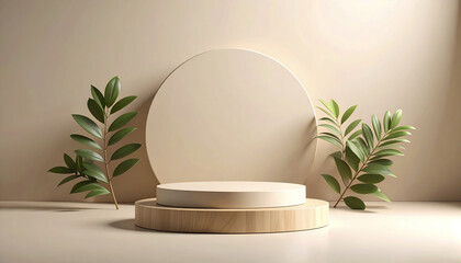 Poster - Minimalist beige background with wooden platform and green leaves for natural product display