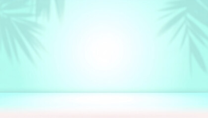 Poster - Soft pastel background with palm leaf shadows creating calm summer studio scene