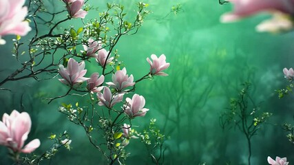 Wall Mural - pink magnolia flowers blooming on branches in a misty forest
