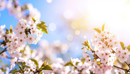 Poster - Cherry blossom flowers blooming in spring with sunlight and blue sky background