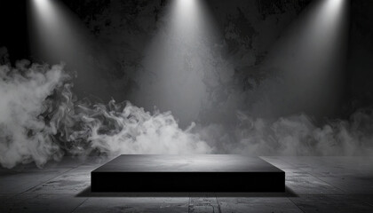 Poster - Black podium with smoke and spotlight on dark textured background creating dramatic stage