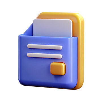 A 3d rendering of a file folder icon with a card isolated on transparent background