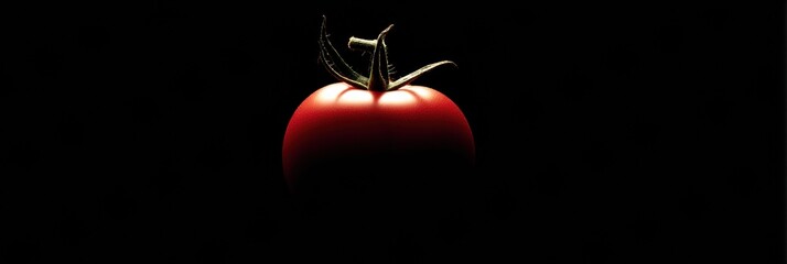 Poster - Glowing Tomato Stands out in Dark Environment With Cinematic Flair and Clear Top View Creating an Intriguing Atmosphere of Freshness and Simplicity