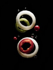 Poster - Floating Onion and Pepper Rings Create a Minimalist Contrast Against a Dark Background, Highlighting Their Vibrant Colors and Unique Shapes