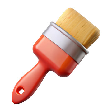 A glossy 3d rendering of a red paintbrush with silver band and yellow bristles, isolated on transparent background