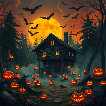 Spooky Halloween Night with Bats and Lanterns