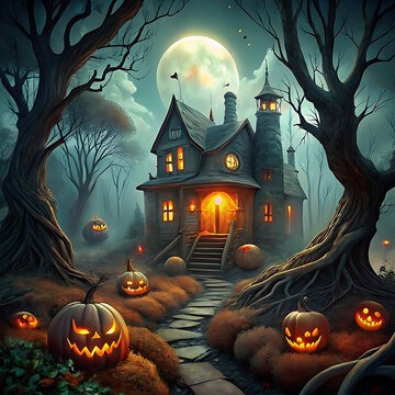 Spooky Halloween Night with Bats and Lanterns