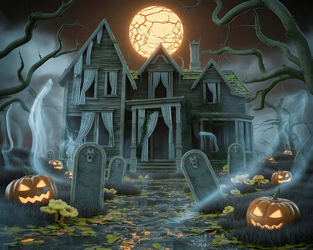 Spooky Halloween Night with Bats and Lanterns