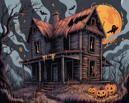 Spooky Halloween Night with Bats and Lanterns