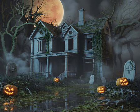 Spooky Halloween Night with Bats and Lanterns