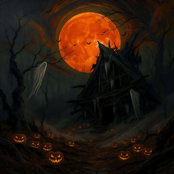 Spooky Halloween Night with Bats and Lanterns