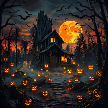 Spooky Halloween Night with Bats and Lanterns