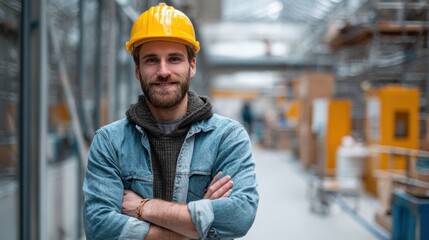 Poster - A confident construction worker in a yellow hard hat smiles while standing in a bright industrial setting.