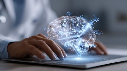 Poster - A futuristic representation of brain activity illustrated with light effects while a hand interacts with a digital device.