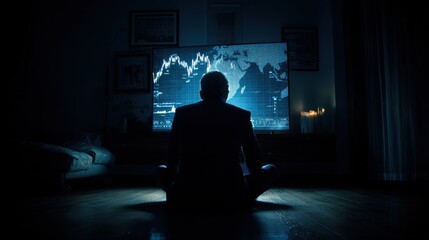 Poster - A person sits in front of a large screen displaying financial data, representing deep engagement in investment analysis.