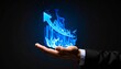 © 문용 최 - A rising chart in the shape of a blue flame rising above a man's hand on a dark background