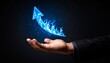 © 문용 최 - A rising chart in the shape of a blue flame rising above a man's hand on a dark background