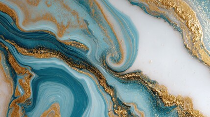 Poster - Abstract art swirl pattern in teal, white, and gold tones creates a soothing and elegant design for various uses.
