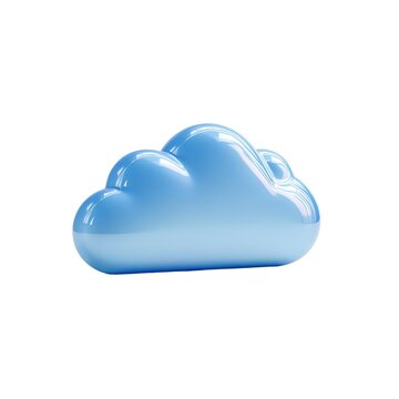 Light blue cloud with glossy rendering floats gently against a bright white backdrop, evoking feelings of data storage, digital networks, weather, and virtual space in a modern design.