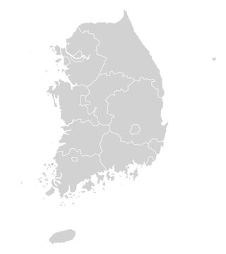 Grey with White Outline South Korea Map with District Borders Asian Country