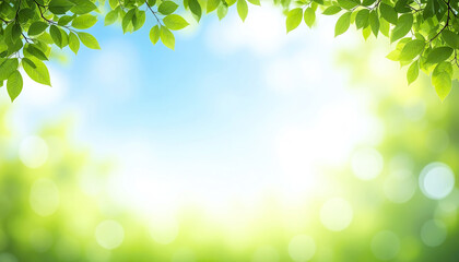 Poster - Fresh green leaves frame bright blue sky with soft sunlight and bokeh effects creating peaceful