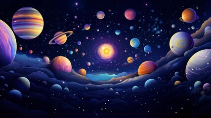 Wall Mural - vibrant cosmic scene with colorful planets and stars, viewed from a low angle. the style is surreal 