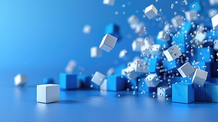 Fototapete - Abstract digital background with numerous white dots and scattered blue cubes on a gradient blue backdrop