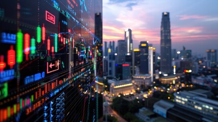 Poster - Transparent stock market graph over city skyline at dusk, symbolizing global finance trends