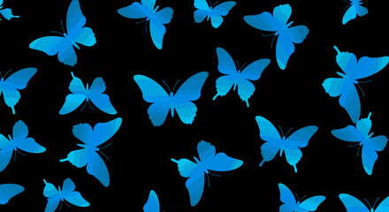 Poster - Vibrant blue butterfly silhouettes on a stark black background creating elegant effect