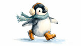  Ice Skating Penguin – Whimsical Winter Watercolor Scene