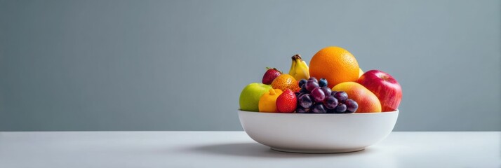 Poster - Colorful Fruit Bowl in Classic Still Life Arrangement on Modern Flat Background With Clear Top Margin Showcasing Fresh Produce