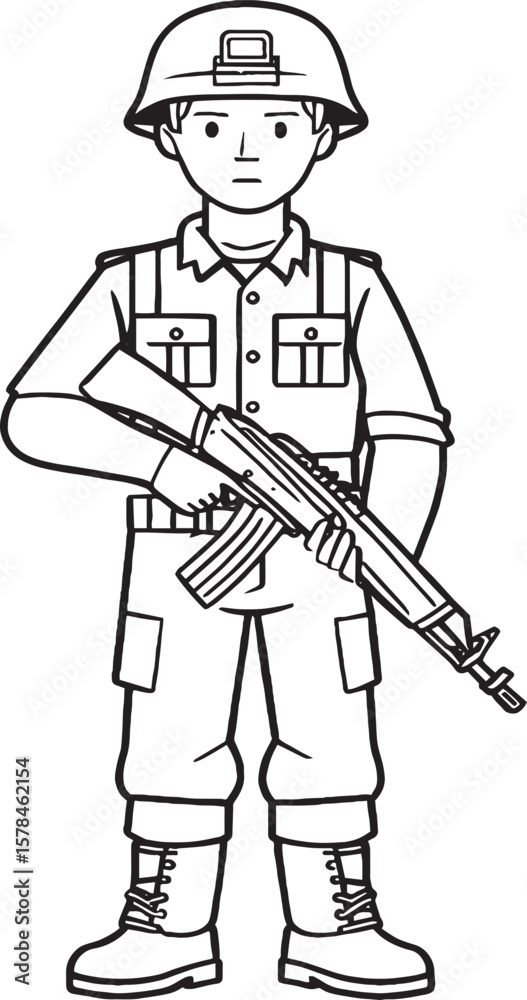 black and white illustration, cartoon soldier in military uniform, holding rifle, wearing helmet, detailed line drawing, high contrast