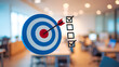 © NS VisualVibe - Arrow Hitting Target with Checklist Icons in Modern Office Background Representing Goal Achievement and Business Strategy