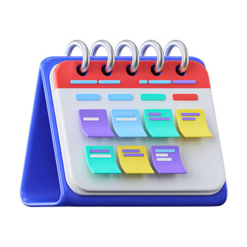 A colorful 3d rendering of a desk calendar with sticky notes isolated on transparent background