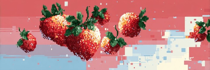 Poster - Floating Pixel-Style Strawberries on a Glitch Background With an Open Top Area for Creative Expression