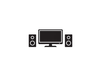 Fototapete - A black and white icon illustration of a computer monitor with speakers on a white background
