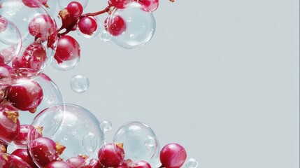 Poster - Floating Transparent Bubbles Showcase Vibrant Berries in a Futuristic Setting With an Empty Left Zone Enhancing the Aesthetic Appeal